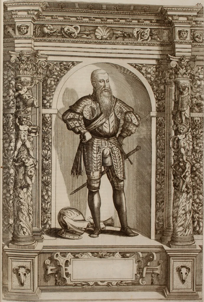 An illustration from Augustissimorum imperatorum, serenissimorum regum, atque archiducum, illustrissimorum principum, necnon comitum, baronum, nobilium, aliorumq[ue] clarissimorum virorum, qui aut ipsi cum imperio bellorum duces fuerunt, aut in iisdem præfecturis insignioribus laudabiliter functi sunt, verissimæ imagines, & rerum ab ipsis domi, forisq[ue] gestarum succinctæ descriptiones. Quorum arma, aut integra, aut horum partes, quibus induti, vsique aduersus hostem heroica facinora patrarunt, aut quorum auspiciis tàm prospera quàm aduersa fortuna res magnæ gestæ sunt, à serenissimo principe Ferdinando, archiduce Austriæ, duce Burgundiæ, comte Habspurgi & Tyrolis &c. ex omnibus ferè orbis terrarum prouinciis partim conquista, partim ab illorum hæredibus & successoribus transmissa, in celebri Ambrosianæ arcis armamentario, à sua serenitate non procul ciutate Oenipontana extructo, conspiciuntur, 1601, leaf 94