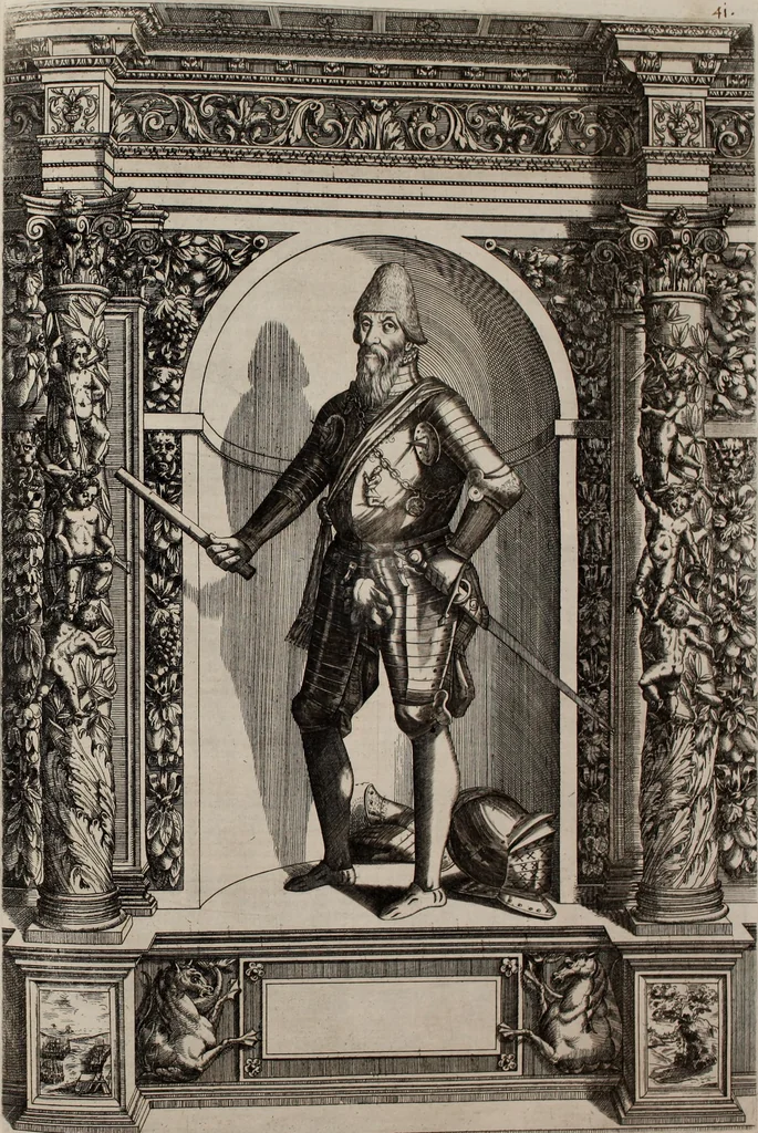 An illustration from Augustissimorum imperatorum, serenissimorum regum, atque archiducum, illustrissimorum principum, necnon comitum, baronum, nobilium, aliorumq[ue] clarissimorum virorum, qui aut ipsi cum imperio bellorum duces fuerunt, aut in iisdem præfecturis insignioribus laudabiliter functi sunt, verissimæ imagines, & rerum ab ipsis domi, forisq[ue] gestarum succinctæ descriptiones. Quorum arma, aut integra, aut horum partes, quibus induti, vsique aduersus hostem heroica facinora patrarunt, aut quorum auspiciis tàm prospera quàm aduersa fortuna res magnæ gestæ sunt, à serenissimo principe Ferdinando, archiduce Austriæ, duce Burgundiæ, comte Habspurgi & Tyrolis &c. ex omnibus ferè orbis terrarum prouinciis partim conquista, partim ab illorum hæredibus & successoribus transmissa, in celebri Ambrosianæ arcis armamentario, à sua serenitate non procul ciutate Oenipontana extructo, conspiciuntur, 1601, leaf 96