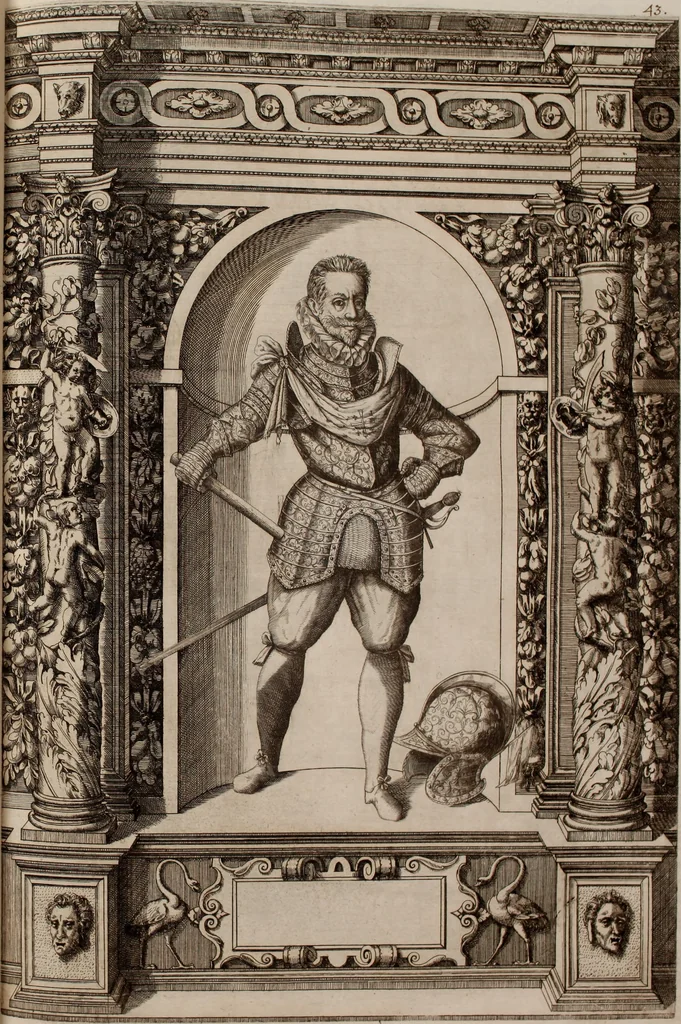An illustration from Augustissimorum imperatorum, serenissimorum regum, atque archiducum, illustrissimorum principum, necnon comitum, baronum, nobilium, aliorumq[ue] clarissimorum virorum, qui aut ipsi cum imperio bellorum duces fuerunt, aut in iisdem præfecturis insignioribus laudabiliter functi sunt, verissimæ imagines, & rerum ab ipsis domi, forisq[ue] gestarum succinctæ descriptiones. Quorum arma, aut integra, aut horum partes, quibus induti, vsique aduersus hostem heroica facinora patrarunt, aut quorum auspiciis tàm prospera quàm aduersa fortuna res magnæ gestæ sunt, à serenissimo principe Ferdinando, archiduce Austriæ, duce Burgundiæ, comte Habspurgi & Tyrolis &c. ex omnibus ferè orbis terrarum prouinciis partim conquista, partim ab illorum hæredibus & successoribus transmissa, in celebri Ambrosianæ arcis armamentario, à sua serenitate non procul ciutate Oenipontana extructo, conspiciuntur, 1601, leaf 98