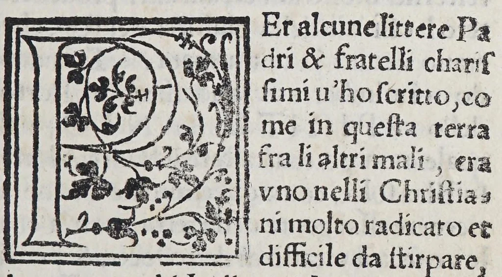 An illustration from Auisi particolari delle Indie di Portugallo riceuuti in questi doi anni del .1551. & 1552. da li reuere[n]di padri de la Co[m]pagnia de Iesu, : doue fra molte cose mirabili, si uede delli paesi, delle genti, & costumi loro & la grande co[n]uersioue [sic] di molti populi, che cominciano a riceuere il lume della sa[n]ta fede & relligione [sic] Christiana, 1552, leaf 155