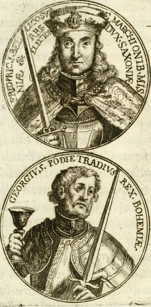 An illustration from Aquila Austriaca, sub qua imperatores Austriaci ab Alberto II honorifico vsquè ad Ferdinandum III & IV Occidentis imperatorem L : elogiis, hieroglyphicis, numismatibus, insignibus, symbolis, imaginibus antiquis ad viuum exhibentur exculpti, & longa historiarum serie exarati : vt nihil relictum sit, quod prisci vel hodierni habeant annales, sed diplomata, leges, indulta, genealogiae, donationes, priuilegia offeruntur congesta : inseruntur et regum principumque imagines, nummi honorarij, castrenses, triumphales, votiui, missiles, &c. qui sanguine, foedere, bello imperatoribus iuncti, occurrunt in opere : subijcitur cuique caesarum appendix symbolica, sacrolegalis, & historicopolitica, in qua symbolis & hieroglyphicis, aere affabrè exculptis, pinguntur, & explanantur, 1679, leaf 103
