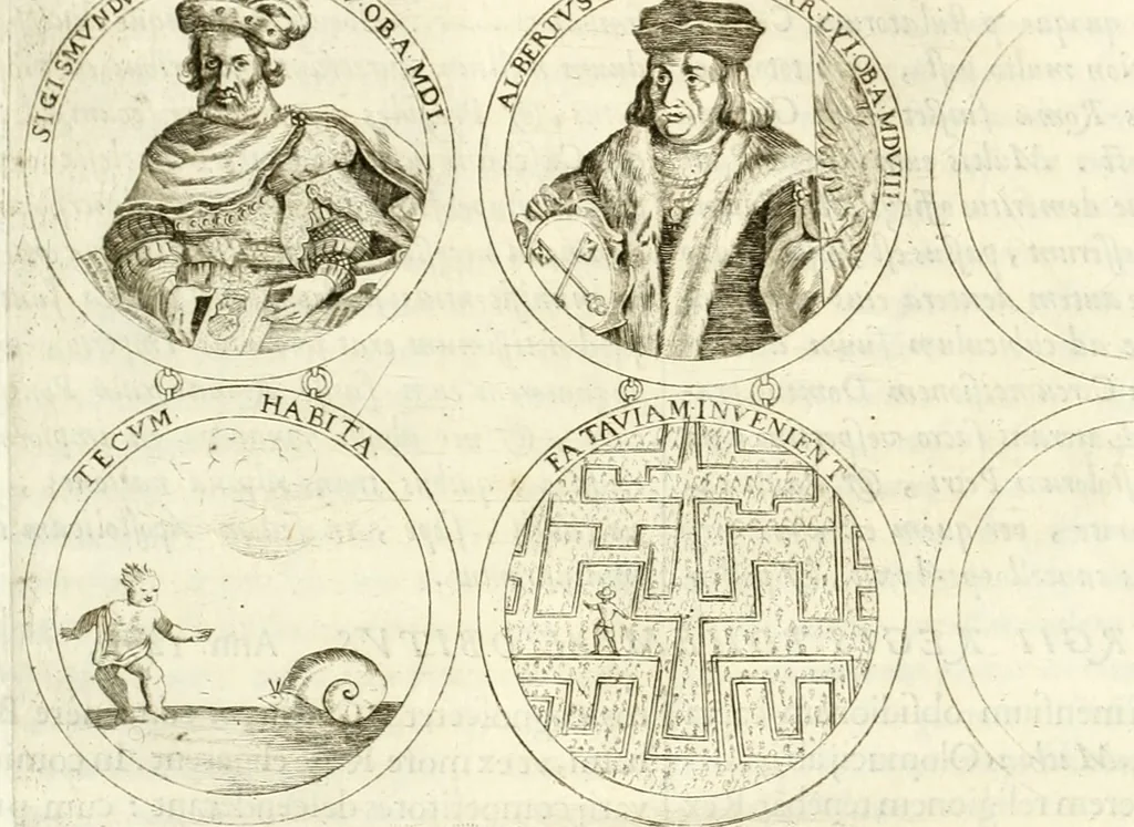 An illustration from Aquila Austriaca, sub qua imperatores Austriaci ab Alberto II honorifico vsquè ad Ferdinandum III & IV Occidentis imperatorem L : elogiis, hieroglyphicis, numismatibus, insignibus, symbolis, imaginibus antiquis ad viuum exhibentur exculpti, & longa historiarum serie exarati : vt nihil relictum sit, quod prisci vel hodierni habeant annales, sed diplomata, leges, indulta, genealogiae, donationes, priuilegia offeruntur congesta : inseruntur et regum principumque imagines, nummi honorarij, castrenses, triumphales, votiui, missiles, &c. qui sanguine, foedere, bello imperatoribus iuncti, occurrunt in opere : subijcitur cuique caesarum appendix symbolica, sacrolegalis, & historicopolitica, in qua symbolis & hieroglyphicis, aere affabrè exculptis, pinguntur, & explanantur, 1679, leaf 109