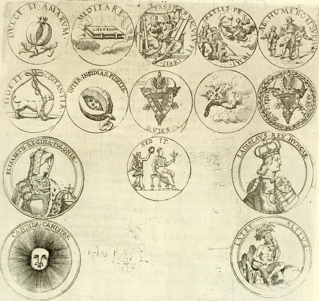 An illustration from Aquila Austriaca, sub qua imperatores Austriaci ab Alberto II honorifico vsquè ad Ferdinandum III & IV Occidentis imperatorem L : elogiis, hieroglyphicis, numismatibus, insignibus, symbolis, imaginibus antiquis ad viuum exhibentur exculpti, & longa historiarum serie exarati : vt nihil relictum sit, quod prisci vel hodierni habeant annales, sed diplomata, leges, indulta, genealogiae, donationes, priuilegia offeruntur congesta : inseruntur et regum principumque imagines, nummi honorarij, castrenses, triumphales, votiui, missiles, &c. qui sanguine, foedere, bello imperatoribus iuncti, occurrunt in opere : subijcitur cuique caesarum appendix symbolica, sacrolegalis, & historicopolitica, in qua symbolis & hieroglyphicis, aere affabrè exculptis, pinguntur, & explanantur, 1679, leaf 12