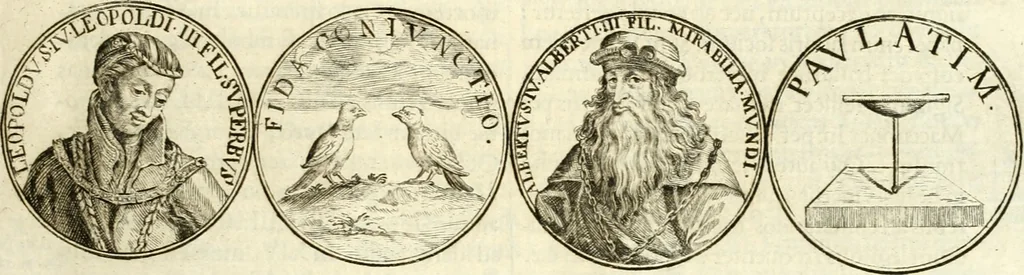 An illustration from Aquila Austriaca, sub qua imperatores Austriaci ab Alberto II honorifico vsquè ad Ferdinandum III & IV Occidentis imperatorem L : elogiis, hieroglyphicis, numismatibus, insignibus, symbolis, imaginibus antiquis ad viuum exhibentur exculpti, & longa historiarum serie exarati : vt nihil relictum sit, quod prisci vel hodierni habeant annales, sed diplomata, leges, indulta, genealogiae, donationes, priuilegia offeruntur congesta : inseruntur et regum principumque imagines, nummi honorarij, castrenses, triumphales, votiui, missiles, &c. qui sanguine, foedere, bello imperatoribus iuncti, occurrunt in opere : subijcitur cuique caesarum appendix symbolica, sacrolegalis, & historicopolitica, in qua symbolis & hieroglyphicis, aere affabrè exculptis, pinguntur, & explanantur, 1679, leaf 14