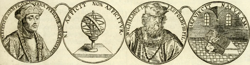 An illustration from Aquila Austriaca, sub qua imperatores Austriaci ab Alberto II honorifico vsquè ad Ferdinandum III & IV Occidentis imperatorem L : elogiis, hieroglyphicis, numismatibus, insignibus, symbolis, imaginibus antiquis ad viuum exhibentur exculpti, & longa historiarum serie exarati : vt nihil relictum sit, quod prisci vel hodierni habeant annales, sed diplomata, leges, indulta, genealogiae, donationes, priuilegia offeruntur congesta : inseruntur et regum principumque imagines, nummi honorarij, castrenses, triumphales, votiui, missiles, &c. qui sanguine, foedere, bello imperatoribus iuncti, occurrunt in opere : subijcitur cuique caesarum appendix symbolica, sacrolegalis, & historicopolitica, in qua symbolis & hieroglyphicis, aere affabrè exculptis, pinguntur, & explanantur, 1679, leaf 14