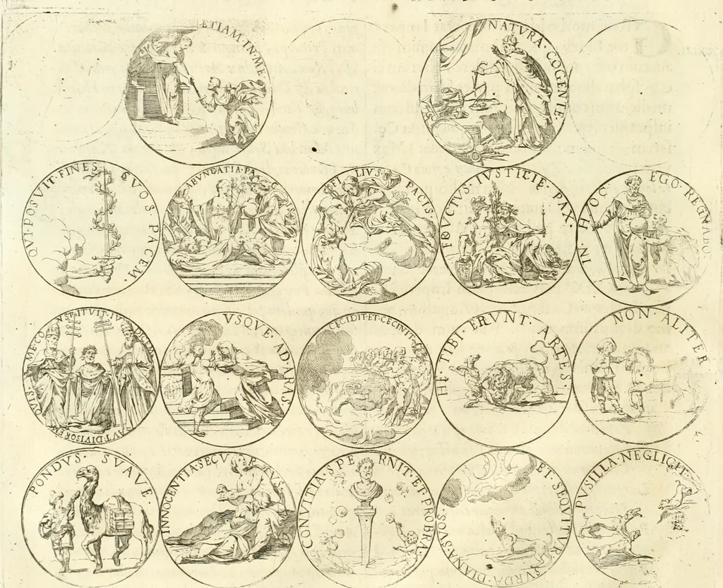 An illustration from Aquila Austriaca, sub qua imperatores Austriaci ab Alberto II honorifico vsquè ad Ferdinandum III & IV Occidentis imperatorem L : elogiis, hieroglyphicis, numismatibus, insignibus, symbolis, imaginibus antiquis ad viuum exhibentur exculpti, & longa historiarum serie exarati : vt nihil relictum sit, quod prisci vel hodierni habeant annales, sed diplomata, leges, indulta, genealogiae, donationes, priuilegia offeruntur congesta : inseruntur et regum principumque imagines, nummi honorarij, castrenses, triumphales, votiui, missiles, &c. qui sanguine, foedere, bello imperatoribus iuncti, occurrunt in opere : subijcitur cuique caesarum appendix symbolica, sacrolegalis, & historicopolitica, in qua symbolis & hieroglyphicis, aere affabrè exculptis, pinguntur, & explanantur, 1679, leaf 143
