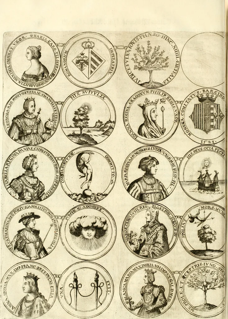 An illustration from Aquila Austriaca, sub qua imperatores Austriaci ab Alberto II honorifico vsquè ad Ferdinandum III & IV Occidentis imperatorem L : elogiis, hieroglyphicis, numismatibus, insignibus, symbolis, imaginibus antiquis ad viuum exhibentur exculpti, & longa historiarum serie exarati : vt nihil relictum sit, quod prisci vel hodierni habeant annales, sed diplomata, leges, indulta, genealogiae, donationes, priuilegia offeruntur congesta : inseruntur et regum principumque imagines, nummi honorarij, castrenses, triumphales, votiui, missiles, &c. qui sanguine, foedere, bello imperatoribus iuncti, occurrunt in opere : subijcitur cuique caesarum appendix symbolica, sacrolegalis, & historicopolitica, in qua symbolis & hieroglyphicis, aere affabrè exculptis, pinguntur, & explanantur, 1679, leaf 165