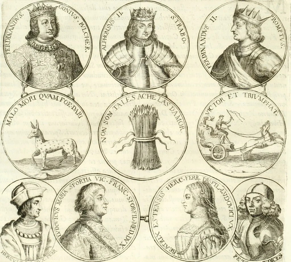 An illustration from Aquila Austriaca, sub qua imperatores Austriaci ab Alberto II honorifico vsquè ad Ferdinandum III & IV Occidentis imperatorem L : elogiis, hieroglyphicis, numismatibus, insignibus, symbolis, imaginibus antiquis ad viuum exhibentur exculpti, & longa historiarum serie exarati : vt nihil relictum sit, quod prisci vel hodierni habeant annales, sed diplomata, leges, indulta, genealogiae, donationes, priuilegia offeruntur congesta : inseruntur et regum principumque imagines, nummi honorarij, castrenses, triumphales, votiui, missiles, &c. qui sanguine, foedere, bello imperatoribus iuncti, occurrunt in opere : subijcitur cuique caesarum appendix symbolica, sacrolegalis, & historicopolitica, in qua symbolis & hieroglyphicis, aere affabrè exculptis, pinguntur, & explanantur, 1679, leaf 191