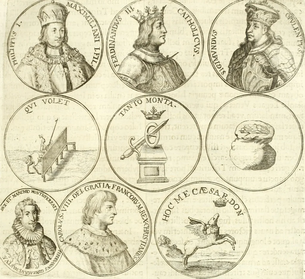 An illustration from Aquila Austriaca, sub qua imperatores Austriaci ab Alberto II honorifico vsquè ad Ferdinandum III & IV Occidentis imperatorem L : elogiis, hieroglyphicis, numismatibus, insignibus, symbolis, imaginibus antiquis ad viuum exhibentur exculpti, & longa historiarum serie exarati : vt nihil relictum sit, quod prisci vel hodierni habeant annales, sed diplomata, leges, indulta, genealogiae, donationes, priuilegia offeruntur congesta : inseruntur et regum principumque imagines, nummi honorarij, castrenses, triumphales, votiui, missiles, &c. qui sanguine, foedere, bello imperatoribus iuncti, occurrunt in opere : subijcitur cuique caesarum appendix symbolica, sacrolegalis, & historicopolitica, in qua symbolis & hieroglyphicis, aere affabrè exculptis, pinguntur, & explanantur, 1679, leaf 200