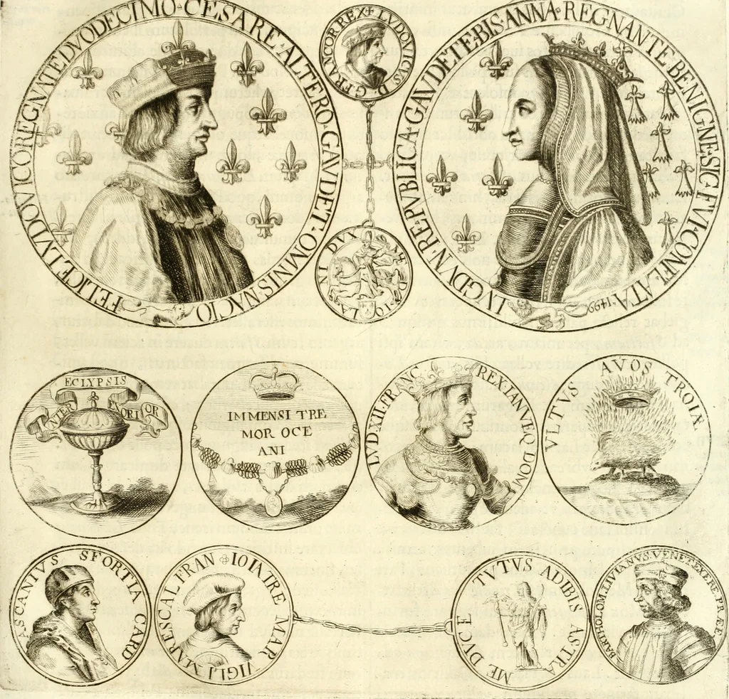 An illustration from Aquila Austriaca, sub qua imperatores Austriaci ab Alberto II honorifico vsquè ad Ferdinandum III & IV Occidentis imperatorem L : elogiis, hieroglyphicis, numismatibus, insignibus, symbolis, imaginibus antiquis ad viuum exhibentur exculpti, & longa historiarum serie exarati : vt nihil relictum sit, quod prisci vel hodierni habeant annales, sed diplomata, leges, indulta, genealogiae, donationes, priuilegia offeruntur congesta : inseruntur et regum principumque imagines, nummi honorarij, castrenses, triumphales, votiui, missiles, &c. qui sanguine, foedere, bello imperatoribus iuncti, occurrunt in opere : subijcitur cuique caesarum appendix symbolica, sacrolegalis, & historicopolitica, in qua symbolis & hieroglyphicis, aere affabrè exculptis, pinguntur, & explanantur, 1679, leaf 204