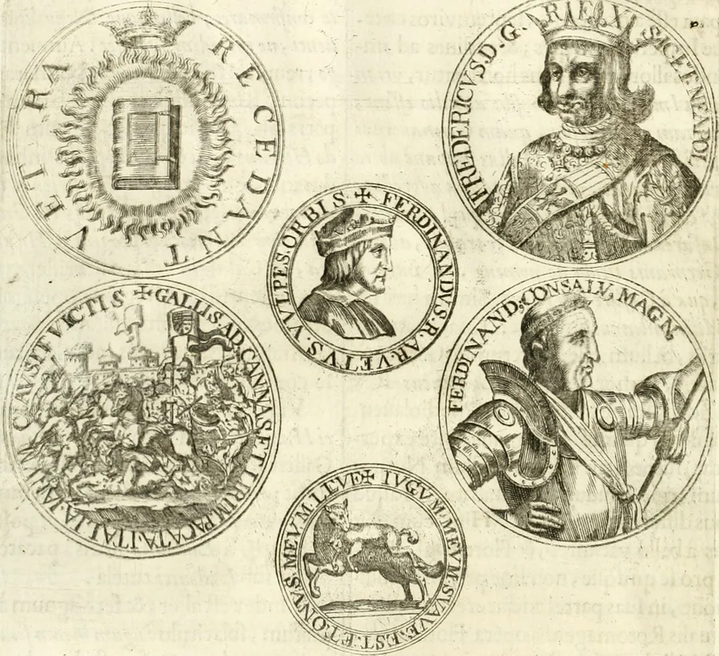 An illustration from Aquila Austriaca, sub qua imperatores Austriaci ab Alberto II honorifico vsquè ad Ferdinandum III & IV Occidentis imperatorem L : elogiis, hieroglyphicis, numismatibus, insignibus, symbolis, imaginibus antiquis ad viuum exhibentur exculpti, & longa historiarum serie exarati : vt nihil relictum sit, quod prisci vel hodierni habeant annales, sed diplomata, leges, indulta, genealogiae, donationes, priuilegia offeruntur congesta : inseruntur et regum principumque imagines, nummi honorarij, castrenses, triumphales, votiui, missiles, &c. qui sanguine, foedere, bello imperatoribus iuncti, occurrunt in opere : subijcitur cuique caesarum appendix symbolica, sacrolegalis, & historicopolitica, in qua symbolis & hieroglyphicis, aere affabrè exculptis, pinguntur, & explanantur, 1679, leaf 207
