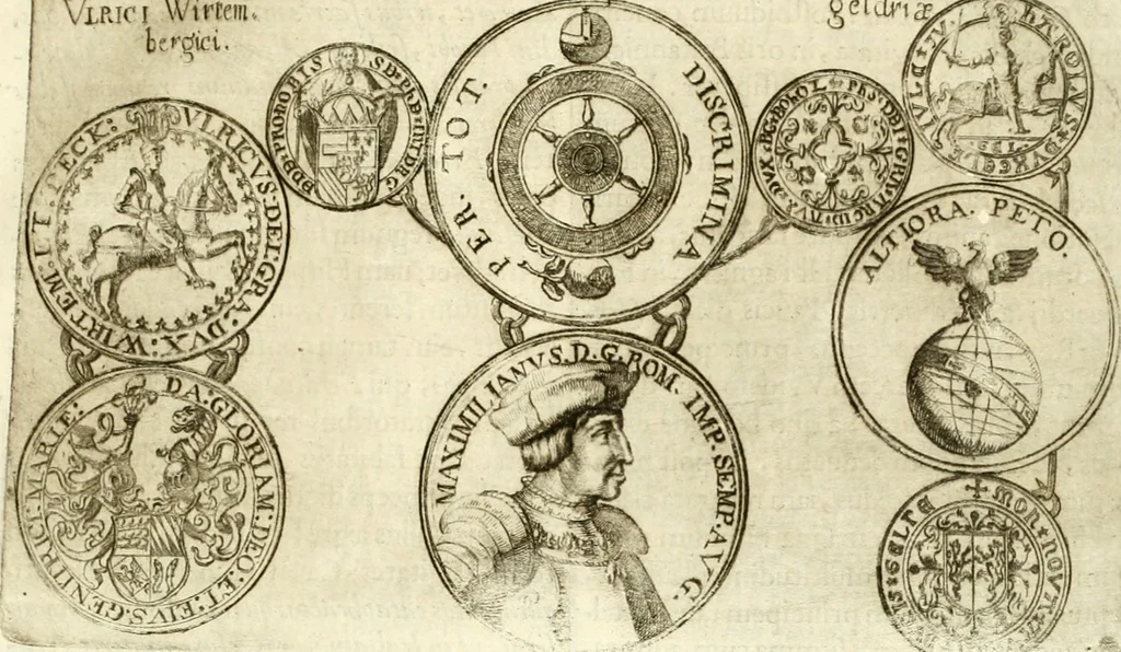 An illustration from Aquila Austriaca, sub qua imperatores Austriaci ab Alberto II honorifico vsquè ad Ferdinandum III & IV Occidentis imperatorem L : elogiis, hieroglyphicis, numismatibus, insignibus, symbolis, imaginibus antiquis ad viuum exhibentur exculpti, & longa historiarum serie exarati : vt nihil relictum sit, quod prisci vel hodierni habeant annales, sed diplomata, leges, indulta, genealogiae, donationes, priuilegia offeruntur congesta : inseruntur et regum principumque imagines, nummi honorarij, castrenses, triumphales, votiui, missiles, &c. qui sanguine, foedere, bello imperatoribus iuncti, occurrunt in opere : subijcitur cuique caesarum appendix symbolica, sacrolegalis, & historicopolitica, in qua symbolis & hieroglyphicis, aere affabrè exculptis, pinguntur, & explanantur, 1679, leaf 212