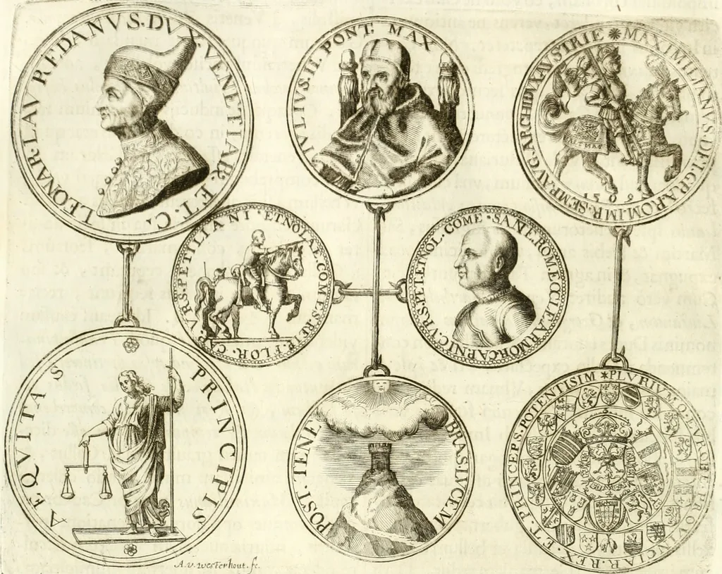 An illustration from Aquila Austriaca, sub qua imperatores Austriaci ab Alberto II honorifico vsquè ad Ferdinandum III & IV Occidentis imperatorem L : elogiis, hieroglyphicis, numismatibus, insignibus, symbolis, imaginibus antiquis ad viuum exhibentur exculpti, & longa historiarum serie exarati : vt nihil relictum sit, quod prisci vel hodierni habeant annales, sed diplomata, leges, indulta, genealogiae, donationes, priuilegia offeruntur congesta : inseruntur et regum principumque imagines, nummi honorarij, castrenses, triumphales, votiui, missiles, &c. qui sanguine, foedere, bello imperatoribus iuncti, occurrunt in opere : subijcitur cuique caesarum appendix symbolica, sacrolegalis, & historicopolitica, in qua symbolis & hieroglyphicis, aere affabrè exculptis, pinguntur, & explanantur, 1679, leaf 217