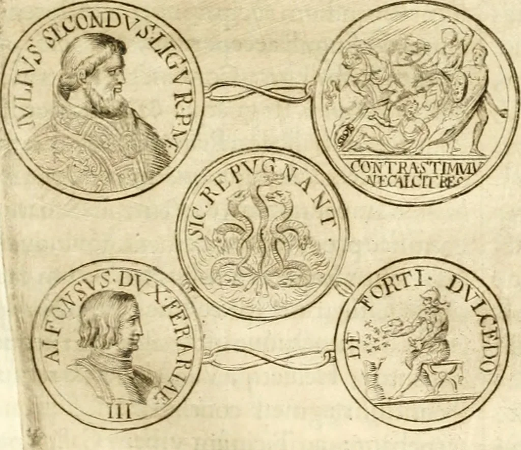 An illustration from Aquila Austriaca, sub qua imperatores Austriaci ab Alberto II honorifico vsquè ad Ferdinandum III & IV Occidentis imperatorem L : elogiis, hieroglyphicis, numismatibus, insignibus, symbolis, imaginibus antiquis ad viuum exhibentur exculpti, & longa historiarum serie exarati : vt nihil relictum sit, quod prisci vel hodierni habeant annales, sed diplomata, leges, indulta, genealogiae, donationes, priuilegia offeruntur congesta : inseruntur et regum principumque imagines, nummi honorarij, castrenses, triumphales, votiui, missiles, &c. qui sanguine, foedere, bello imperatoribus iuncti, occurrunt in opere : subijcitur cuique caesarum appendix symbolica, sacrolegalis, & historicopolitica, in qua symbolis & hieroglyphicis, aere affabrè exculptis, pinguntur, & explanantur, 1679, leaf 244
