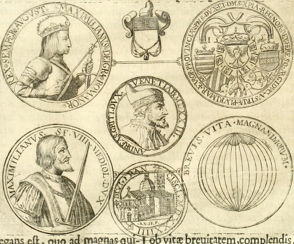 An illustration from Aquila Austriaca, sub qua imperatores Austriaci ab Alberto II honorifico vsquè ad Ferdinandum III & IV Occidentis imperatorem L : elogiis, hieroglyphicis, numismatibus, insignibus, symbolis, imaginibus antiquis ad viuum exhibentur exculpti, & longa historiarum serie exarati : vt nihil relictum sit, quod prisci vel hodierni habeant annales, sed diplomata, leges, indulta, genealogiae, donationes, priuilegia offeruntur congesta : inseruntur et regum principumque imagines, nummi honorarij, castrenses, triumphales, votiui, missiles, &c. qui sanguine, foedere, bello imperatoribus iuncti, occurrunt in opere : subijcitur cuique caesarum appendix symbolica, sacrolegalis, & historicopolitica, in qua symbolis & hieroglyphicis, aere affabrè exculptis, pinguntur, & explanantur, 1679, leaf 253