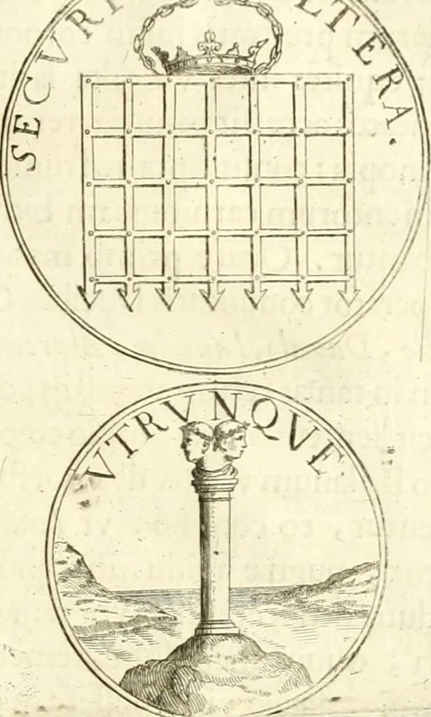An illustration from Aquila Austriaca, sub qua imperatores Austriaci ab Alberto II honorifico vsquè ad Ferdinandum III & IV Occidentis imperatorem L : elogiis, hieroglyphicis, numismatibus, insignibus, symbolis, imaginibus antiquis ad viuum exhibentur exculpti, & longa historiarum serie exarati : vt nihil relictum sit, quod prisci vel hodierni habeant annales, sed diplomata, leges, indulta, genealogiae, donationes, priuilegia offeruntur congesta : inseruntur et regum principumque imagines, nummi honorarij, castrenses, triumphales, votiui, missiles, &c. qui sanguine, foedere, bello imperatoribus iuncti, occurrunt in opere : subijcitur cuique caesarum appendix symbolica, sacrolegalis, & historicopolitica, in qua symbolis & hieroglyphicis, aere affabrè exculptis, pinguntur, & explanantur, 1679, leaf 256
