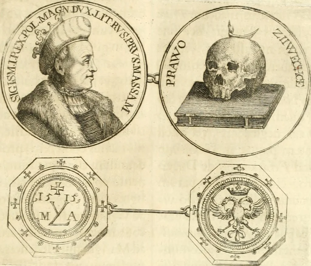 An illustration from Aquila Austriaca, sub qua imperatores Austriaci ab Alberto II honorifico vsquè ad Ferdinandum III & IV Occidentis imperatorem L : elogiis, hieroglyphicis, numismatibus, insignibus, symbolis, imaginibus antiquis ad viuum exhibentur exculpti, & longa historiarum serie exarati : vt nihil relictum sit, quod prisci vel hodierni habeant annales, sed diplomata, leges, indulta, genealogiae, donationes, priuilegia offeruntur congesta : inseruntur et regum principumque imagines, nummi honorarij, castrenses, triumphales, votiui, missiles, &c. qui sanguine, foedere, bello imperatoribus iuncti, occurrunt in opere : subijcitur cuique caesarum appendix symbolica, sacrolegalis, & historicopolitica, in qua symbolis & hieroglyphicis, aere affabrè exculptis, pinguntur, & explanantur, 1679, leaf 260