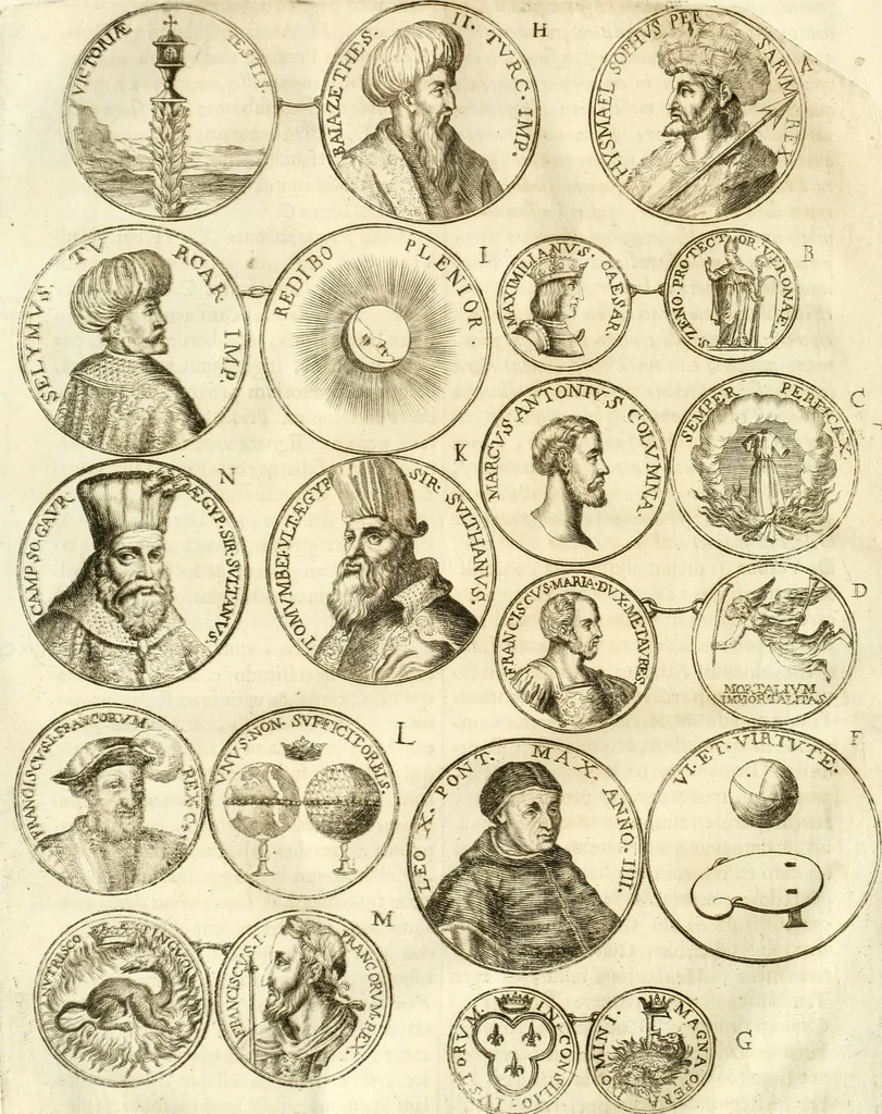 An illustration from Aquila Austriaca, sub qua imperatores Austriaci ab Alberto II honorifico vsquè ad Ferdinandum III & IV Occidentis imperatorem L : elogiis, hieroglyphicis, numismatibus, insignibus, symbolis, imaginibus antiquis ad viuum exhibentur exculpti, & longa historiarum serie exarati : vt nihil relictum sit, quod prisci vel hodierni habeant annales, sed diplomata, leges, indulta, genealogiae, donationes, priuilegia offeruntur congesta : inseruntur et regum principumque imagines, nummi honorarij, castrenses, triumphales, votiui, missiles, &c. qui sanguine, foedere, bello imperatoribus iuncti, occurrunt in opere : subijcitur cuique caesarum appendix symbolica, sacrolegalis, & historicopolitica, in qua symbolis & hieroglyphicis, aere affabrè exculptis, pinguntur, & explanantur, 1679, leaf 265