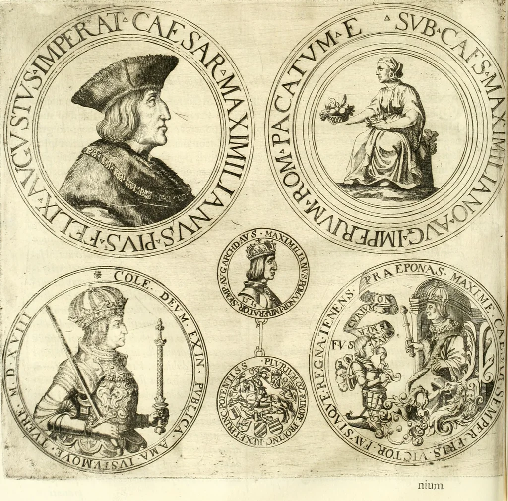 An illustration from Aquila Austriaca, sub qua imperatores Austriaci ab Alberto II honorifico vsquè ad Ferdinandum III & IV Occidentis imperatorem L : elogiis, hieroglyphicis, numismatibus, insignibus, symbolis, imaginibus antiquis ad viuum exhibentur exculpti, & longa historiarum serie exarati : vt nihil relictum sit, quod prisci vel hodierni habeant annales, sed diplomata, leges, indulta, genealogiae, donationes, priuilegia offeruntur congesta : inseruntur et regum principumque imagines, nummi honorarij, castrenses, triumphales, votiui, missiles, &c. qui sanguine, foedere, bello imperatoribus iuncti, occurrunt in opere : subijcitur cuique caesarum appendix symbolica, sacrolegalis, & historicopolitica, in qua symbolis & hieroglyphicis, aere affabrè exculptis, pinguntur, & explanantur, 1679, leaf 293