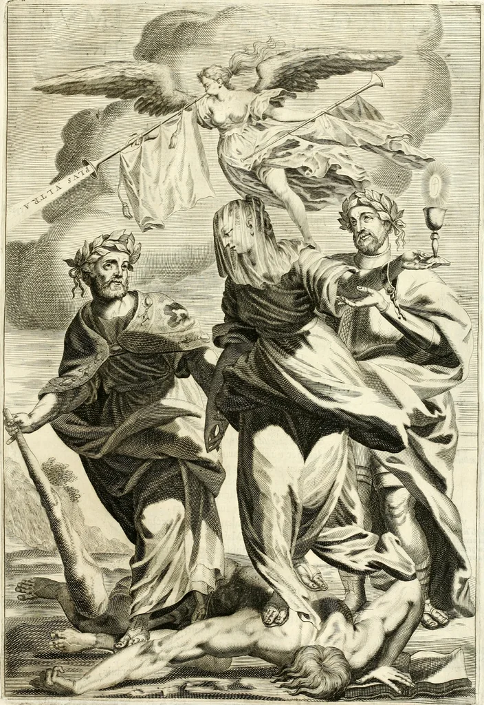 An illustration from Aquila Austriaca, sub qua imperatores Austriaci ab Alberto II honorifico vsquè ad Ferdinandum III & IV Occidentis imperatorem L : elogiis, hieroglyphicis, numismatibus, insignibus, symbolis, imaginibus antiquis ad viuum exhibentur exculpti, & longa historiarum serie exarati : vt nihil relictum sit, quod prisci vel hodierni habeant annales, sed diplomata, leges, indulta, genealogiae, donationes, priuilegia offeruntur congesta : inseruntur et regum principumque imagines, nummi honorarij, castrenses, triumphales, votiui, missiles, &c. qui sanguine, foedere, bello imperatoribus iuncti, occurrunt in opere : subijcitur cuique caesarum appendix symbolica, sacrolegalis, & historicopolitica, in qua symbolis & hieroglyphicis, aere affabrè exculptis, pinguntur, & explanantur, 1679, leaf 318