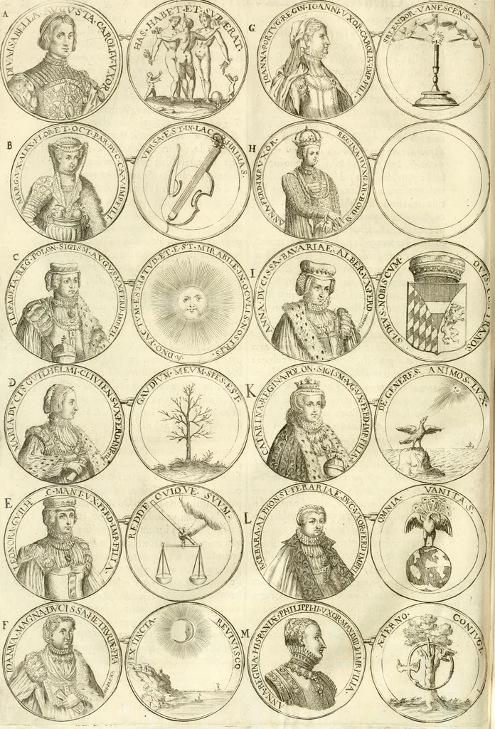 An illustration from Aquila Austriaca, sub qua imperatores Austriaci ab Alberto II honorifico vsquè ad Ferdinandum III & IV Occidentis imperatorem L : elogiis, hieroglyphicis, numismatibus, insignibus, symbolis, imaginibus antiquis ad viuum exhibentur exculpti, & longa historiarum serie exarati : vt nihil relictum sit, quod prisci vel hodierni habeant annales, sed diplomata, leges, indulta, genealogiae, donationes, priuilegia offeruntur congesta : inseruntur et regum principumque imagines, nummi honorarij, castrenses, triumphales, votiui, missiles, &c. qui sanguine, foedere, bello imperatoribus iuncti, occurrunt in opere : subijcitur cuique caesarum appendix symbolica, sacrolegalis, & historicopolitica, in qua symbolis & hieroglyphicis, aere affabrè exculptis, pinguntur, & explanantur, 1679, leaf 335