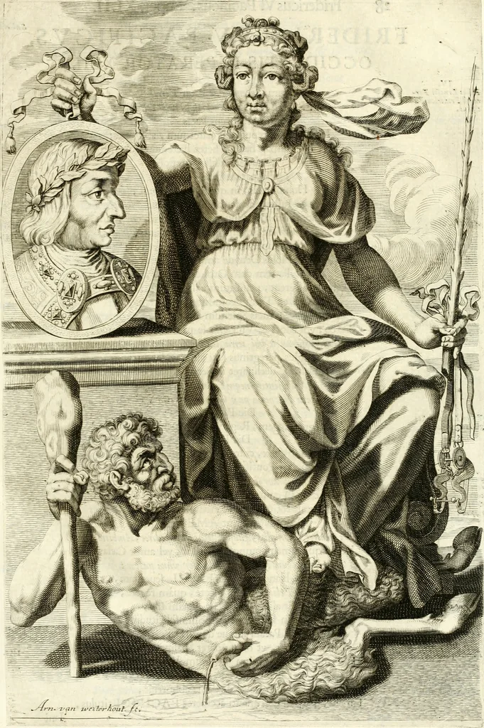 An illustration from Aquila Austriaca, sub qua imperatores Austriaci ab Alberto II honorifico vsquè ad Ferdinandum III & IV Occidentis imperatorem L : elogiis, hieroglyphicis, numismatibus, insignibus, symbolis, imaginibus antiquis ad viuum exhibentur exculpti, & longa historiarum serie exarati : vt nihil relictum sit, quod prisci vel hodierni habeant annales, sed diplomata, leges, indulta, genealogiae, donationes, priuilegia offeruntur congesta : inseruntur et regum principumque imagines, nummi honorarij, castrenses, triumphales, votiui, missiles, &c. qui sanguine, foedere, bello imperatoribus iuncti, occurrunt in opere : subijcitur cuique caesarum appendix symbolica, sacrolegalis, & historicopolitica, in qua symbolis & hieroglyphicis, aere affabrè exculptis, pinguntur, & explanantur, 1679, leaf 34