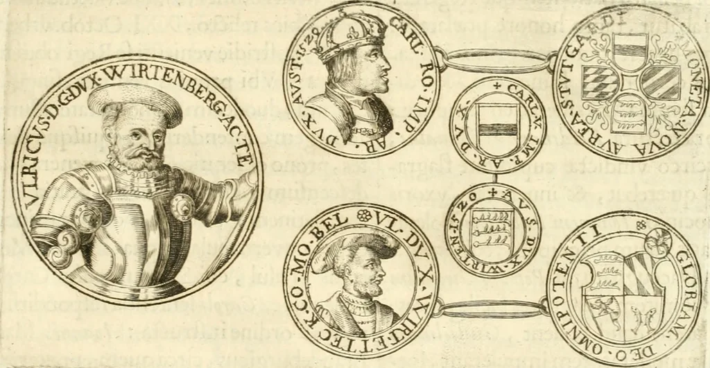 An illustration from Aquila Austriaca, sub qua imperatores Austriaci ab Alberto II honorifico vsquè ad Ferdinandum III & IV Occidentis imperatorem L : elogiis, hieroglyphicis, numismatibus, insignibus, symbolis, imaginibus antiquis ad viuum exhibentur exculpti, & longa historiarum serie exarati : vt nihil relictum sit, quod prisci vel hodierni habeant annales, sed diplomata, leges, indulta, genealogiae, donationes, priuilegia offeruntur congesta : inseruntur et regum principumque imagines, nummi honorarij, castrenses, triumphales, votiui, missiles, &c. qui sanguine, foedere, bello imperatoribus iuncti, occurrunt in opere : subijcitur cuique caesarum appendix symbolica, sacrolegalis, & historicopolitica, in qua symbolis & hieroglyphicis, aere affabrè exculptis, pinguntur, & explanantur, 1679, leaf 362