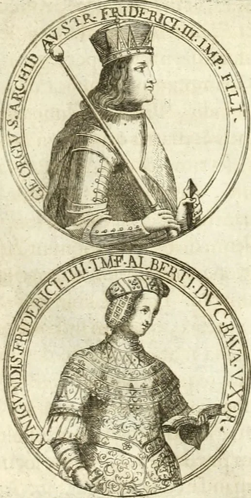 An illustration from Aquila Austriaca, sub qua imperatores Austriaci ab Alberto II honorifico vsquè ad Ferdinandum III & IV Occidentis imperatorem L : elogiis, hieroglyphicis, numismatibus, insignibus, symbolis, imaginibus antiquis ad viuum exhibentur exculpti, & longa historiarum serie exarati : vt nihil relictum sit, quod prisci vel hodierni habeant annales, sed diplomata, leges, indulta, genealogiae, donationes, priuilegia offeruntur congesta : inseruntur et regum principumque imagines, nummi honorarij, castrenses, triumphales, votiui, missiles, &c. qui sanguine, foedere, bello imperatoribus iuncti, occurrunt in opere : subijcitur cuique caesarum appendix symbolica, sacrolegalis, & historicopolitica, in qua symbolis & hieroglyphicis, aere affabrè exculptis, pinguntur, & explanantur, 1679, leaf 42
