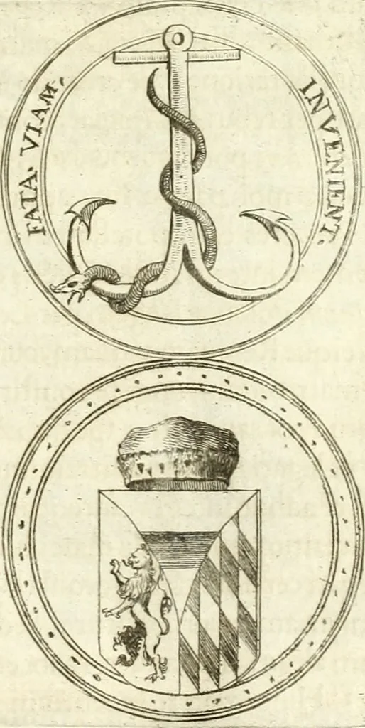 An illustration from Aquila Austriaca, sub qua imperatores Austriaci ab Alberto II honorifico vsquè ad Ferdinandum III & IV Occidentis imperatorem L : elogiis, hieroglyphicis, numismatibus, insignibus, symbolis, imaginibus antiquis ad viuum exhibentur exculpti, & longa historiarum serie exarati : vt nihil relictum sit, quod prisci vel hodierni habeant annales, sed diplomata, leges, indulta, genealogiae, donationes, priuilegia offeruntur congesta : inseruntur et regum principumque imagines, nummi honorarij, castrenses, triumphales, votiui, missiles, &c. qui sanguine, foedere, bello imperatoribus iuncti, occurrunt in opere : subijcitur cuique caesarum appendix symbolica, sacrolegalis, & historicopolitica, in qua symbolis & hieroglyphicis, aere affabrè exculptis, pinguntur, & explanantur, 1679, leaf 42