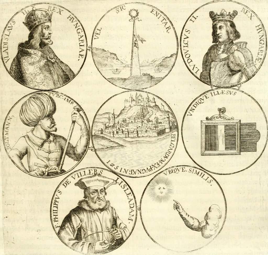 An illustration from Aquila Austriaca, sub qua imperatores Austriaci ab Alberto II honorifico vsquè ad Ferdinandum III & IV Occidentis imperatorem L : elogiis, hieroglyphicis, numismatibus, insignibus, symbolis, imaginibus antiquis ad viuum exhibentur exculpti, & longa historiarum serie exarati : vt nihil relictum sit, quod prisci vel hodierni habeant annales, sed diplomata, leges, indulta, genealogiae, donationes, priuilegia offeruntur congesta : inseruntur et regum principumque imagines, nummi honorarij, castrenses, triumphales, votiui, missiles, &c. qui sanguine, foedere, bello imperatoribus iuncti, occurrunt in opere : subijcitur cuique caesarum appendix symbolica, sacrolegalis, & historicopolitica, in qua symbolis & hieroglyphicis, aere affabrè exculptis, pinguntur, & explanantur, 1679, leaf 426