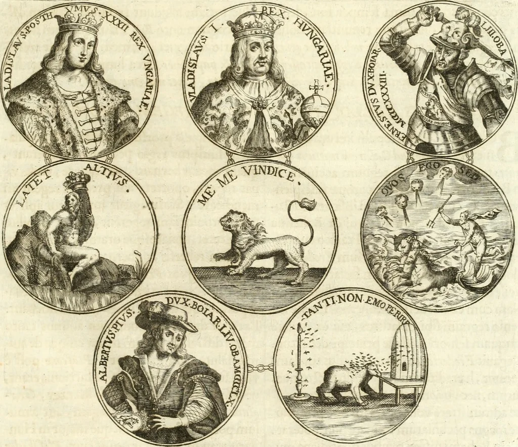 An illustration from Aquila Austriaca, sub qua imperatores Austriaci ab Alberto II honorifico vsquè ad Ferdinandum III & IV Occidentis imperatorem L : elogiis, hieroglyphicis, numismatibus, insignibus, symbolis, imaginibus antiquis ad viuum exhibentur exculpti, & longa historiarum serie exarati : vt nihil relictum sit, quod prisci vel hodierni habeant annales, sed diplomata, leges, indulta, genealogiae, donationes, priuilegia offeruntur congesta : inseruntur et regum principumque imagines, nummi honorarij, castrenses, triumphales, votiui, missiles, &c. qui sanguine, foedere, bello imperatoribus iuncti, occurrunt in opere : subijcitur cuique caesarum appendix symbolica, sacrolegalis, & historicopolitica, in qua symbolis & hieroglyphicis, aere affabrè exculptis, pinguntur, & explanantur, 1679, leaf 44