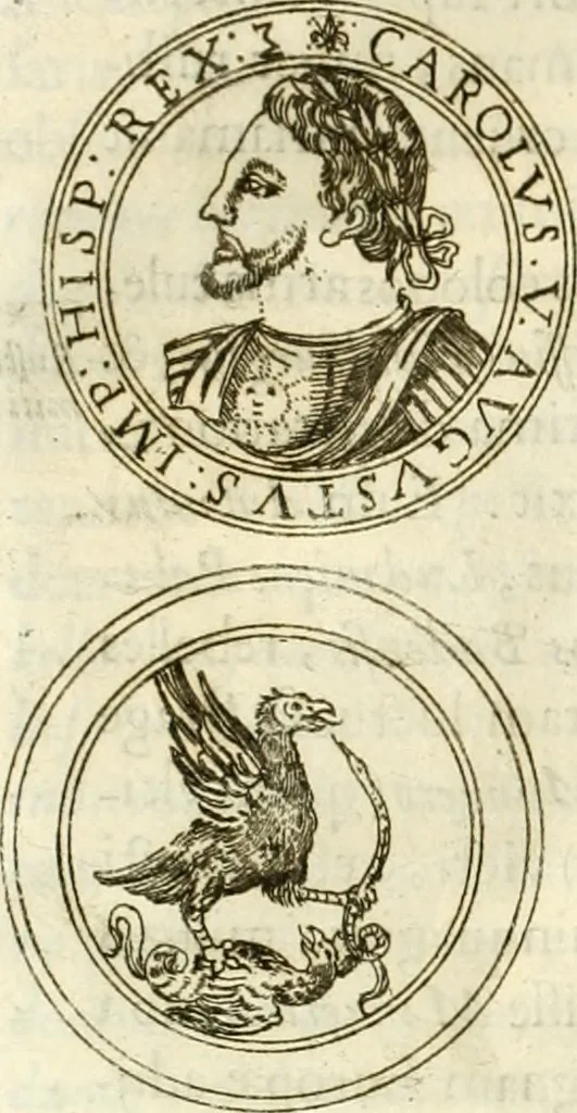 An illustration from Aquila Austriaca, sub qua imperatores Austriaci ab Alberto II honorifico vsquè ad Ferdinandum III & IV Occidentis imperatorem L : elogiis, hieroglyphicis, numismatibus, insignibus, symbolis, imaginibus antiquis ad viuum exhibentur exculpti, & longa historiarum serie exarati : vt nihil relictum sit, quod prisci vel hodierni habeant annales, sed diplomata, leges, indulta, genealogiae, donationes, priuilegia offeruntur congesta : inseruntur et regum principumque imagines, nummi honorarij, castrenses, triumphales, votiui, missiles, &c. qui sanguine, foedere, bello imperatoribus iuncti, occurrunt in opere : subijcitur cuique caesarum appendix symbolica, sacrolegalis, & historicopolitica, in qua symbolis & hieroglyphicis, aere affabrè exculptis, pinguntur, & explanantur, 1679, leaf 447