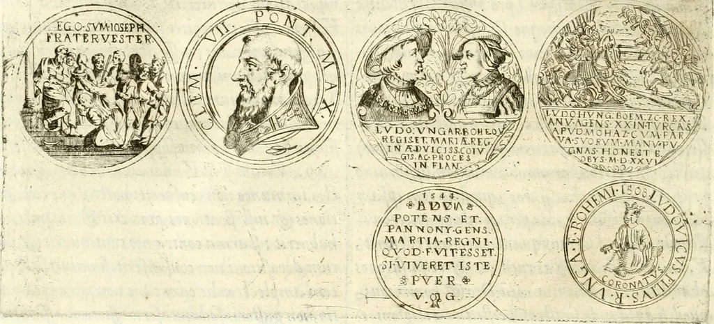 An illustration from Aquila Austriaca, sub qua imperatores Austriaci ab Alberto II honorifico vsquè ad Ferdinandum III & IV Occidentis imperatorem L : elogiis, hieroglyphicis, numismatibus, insignibus, symbolis, imaginibus antiquis ad viuum exhibentur exculpti, & longa historiarum serie exarati : vt nihil relictum sit, quod prisci vel hodierni habeant annales, sed diplomata, leges, indulta, genealogiae, donationes, priuilegia offeruntur congesta : inseruntur et regum principumque imagines, nummi honorarij, castrenses, triumphales, votiui, missiles, &c. qui sanguine, foedere, bello imperatoribus iuncti, occurrunt in opere : subijcitur cuique caesarum appendix symbolica, sacrolegalis, & historicopolitica, in qua symbolis & hieroglyphicis, aere affabrè exculptis, pinguntur, & explanantur, 1679, leaf 477