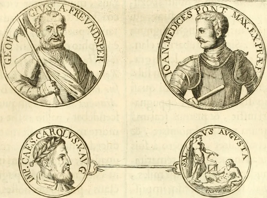 An illustration from Aquila Austriaca, sub qua imperatores Austriaci ab Alberto II honorifico vsquè ad Ferdinandum III & IV Occidentis imperatorem L : elogiis, hieroglyphicis, numismatibus, insignibus, symbolis, imaginibus antiquis ad viuum exhibentur exculpti, & longa historiarum serie exarati : vt nihil relictum sit, quod prisci vel hodierni habeant annales, sed diplomata, leges, indulta, genealogiae, donationes, priuilegia offeruntur congesta : inseruntur et regum principumque imagines, nummi honorarij, castrenses, triumphales, votiui, missiles, &c. qui sanguine, foedere, bello imperatoribus iuncti, occurrunt in opere : subijcitur cuique caesarum appendix symbolica, sacrolegalis, & historicopolitica, in qua symbolis & hieroglyphicis, aere affabrè exculptis, pinguntur, & explanantur, 1679, leaf 482