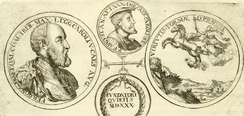 An illustration from Aquila Austriaca, sub qua imperatores Austriaci ab Alberto II honorifico vsquè ad Ferdinandum III & IV Occidentis imperatorem L : elogiis, hieroglyphicis, numismatibus, insignibus, symbolis, imaginibus antiquis ad viuum exhibentur exculpti, & longa historiarum serie exarati : vt nihil relictum sit, quod prisci vel hodierni habeant annales, sed diplomata, leges, indulta, genealogiae, donationes, priuilegia offeruntur congesta : inseruntur et regum principumque imagines, nummi honorarij, castrenses, triumphales, votiui, missiles, &c. qui sanguine, foedere, bello imperatoribus iuncti, occurrunt in opere : subijcitur cuique caesarum appendix symbolica, sacrolegalis, & historicopolitica, in qua symbolis & hieroglyphicis, aere affabrè exculptis, pinguntur, & explanantur, 1679, leaf 493