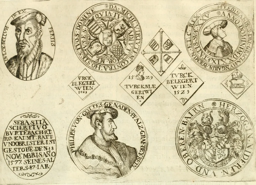 An illustration from Aquila Austriaca, sub qua imperatores Austriaci ab Alberto II honorifico vsquè ad Ferdinandum III & IV Occidentis imperatorem L : elogiis, hieroglyphicis, numismatibus, insignibus, symbolis, imaginibus antiquis ad viuum exhibentur exculpti, & longa historiarum serie exarati : vt nihil relictum sit, quod prisci vel hodierni habeant annales, sed diplomata, leges, indulta, genealogiae, donationes, priuilegia offeruntur congesta : inseruntur et regum principumque imagines, nummi honorarij, castrenses, triumphales, votiui, missiles, &c. qui sanguine, foedere, bello imperatoribus iuncti, occurrunt in opere : subijcitur cuique caesarum appendix symbolica, sacrolegalis, & historicopolitica, in qua symbolis & hieroglyphicis, aere affabrè exculptis, pinguntur, & explanantur, 1679, leaf 495