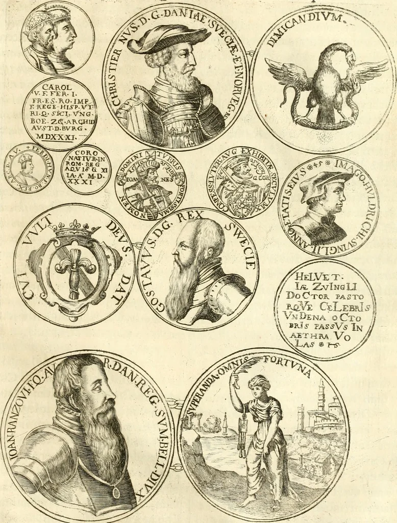 An illustration from Aquila Austriaca, sub qua imperatores Austriaci ab Alberto II honorifico vsquè ad Ferdinandum III & IV Occidentis imperatorem L : elogiis, hieroglyphicis, numismatibus, insignibus, symbolis, imaginibus antiquis ad viuum exhibentur exculpti, & longa historiarum serie exarati : vt nihil relictum sit, quod prisci vel hodierni habeant annales, sed diplomata, leges, indulta, genealogiae, donationes, priuilegia offeruntur congesta : inseruntur et regum principumque imagines, nummi honorarij, castrenses, triumphales, votiui, missiles, &c. qui sanguine, foedere, bello imperatoribus iuncti, occurrunt in opere : subijcitur cuique caesarum appendix symbolica, sacrolegalis, & historicopolitica, in qua symbolis & hieroglyphicis, aere affabrè exculptis, pinguntur, & explanantur, 1679, leaf 500