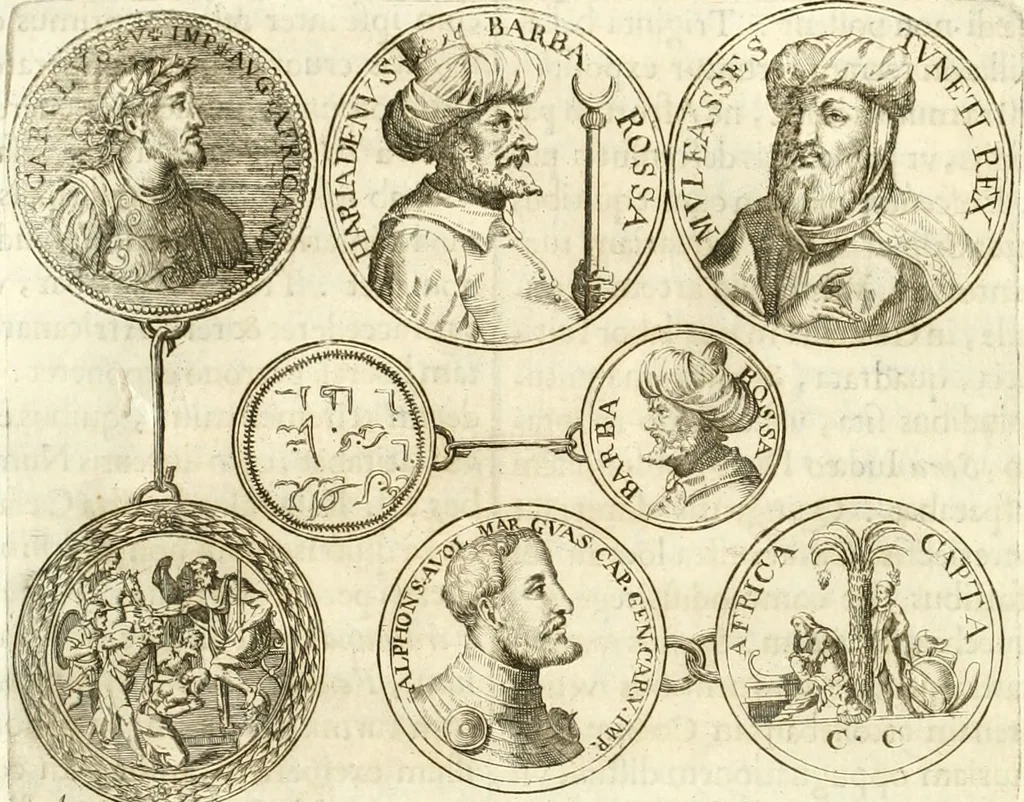 An illustration from Aquila Austriaca, sub qua imperatores Austriaci ab Alberto II honorifico vsquè ad Ferdinandum III & IV Occidentis imperatorem L : elogiis, hieroglyphicis, numismatibus, insignibus, symbolis, imaginibus antiquis ad viuum exhibentur exculpti, & longa historiarum serie exarati : vt nihil relictum sit, quod prisci vel hodierni habeant annales, sed diplomata, leges, indulta, genealogiae, donationes, priuilegia offeruntur congesta : inseruntur et regum principumque imagines, nummi honorarij, castrenses, triumphales, votiui, missiles, &c. qui sanguine, foedere, bello imperatoribus iuncti, occurrunt in opere : subijcitur cuique caesarum appendix symbolica, sacrolegalis, & historicopolitica, in qua symbolis & hieroglyphicis, aere affabrè exculptis, pinguntur, & explanantur, 1679, leaf 509