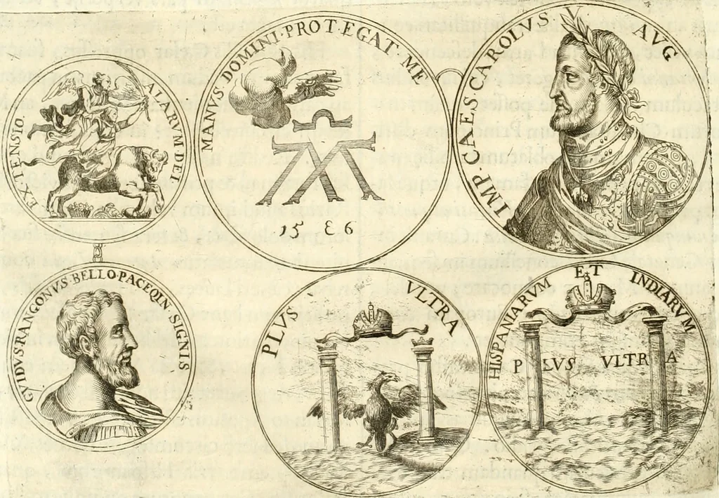 An illustration from Aquila Austriaca, sub qua imperatores Austriaci ab Alberto II honorifico vsquè ad Ferdinandum III & IV Occidentis imperatorem L : elogiis, hieroglyphicis, numismatibus, insignibus, symbolis, imaginibus antiquis ad viuum exhibentur exculpti, & longa historiarum serie exarati : vt nihil relictum sit, quod prisci vel hodierni habeant annales, sed diplomata, leges, indulta, genealogiae, donationes, priuilegia offeruntur congesta : inseruntur et regum principumque imagines, nummi honorarij, castrenses, triumphales, votiui, missiles, &c. qui sanguine, foedere, bello imperatoribus iuncti, occurrunt in opere : subijcitur cuique caesarum appendix symbolica, sacrolegalis, & historicopolitica, in qua symbolis & hieroglyphicis, aere affabrè exculptis, pinguntur, & explanantur, 1679, leaf 517
