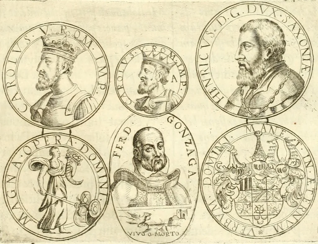 An illustration from Aquila Austriaca, sub qua imperatores Austriaci ab Alberto II honorifico vsquè ad Ferdinandum III & IV Occidentis imperatorem L : elogiis, hieroglyphicis, numismatibus, insignibus, symbolis, imaginibus antiquis ad viuum exhibentur exculpti, & longa historiarum serie exarati : vt nihil relictum sit, quod prisci vel hodierni habeant annales, sed diplomata, leges, indulta, genealogiae, donationes, priuilegia offeruntur congesta : inseruntur et regum principumque imagines, nummi honorarij, castrenses, triumphales, votiui, missiles, &c. qui sanguine, foedere, bello imperatoribus iuncti, occurrunt in opere : subijcitur cuique caesarum appendix symbolica, sacrolegalis, & historicopolitica, in qua symbolis & hieroglyphicis, aere affabrè exculptis, pinguntur, & explanantur, 1679, leaf 526