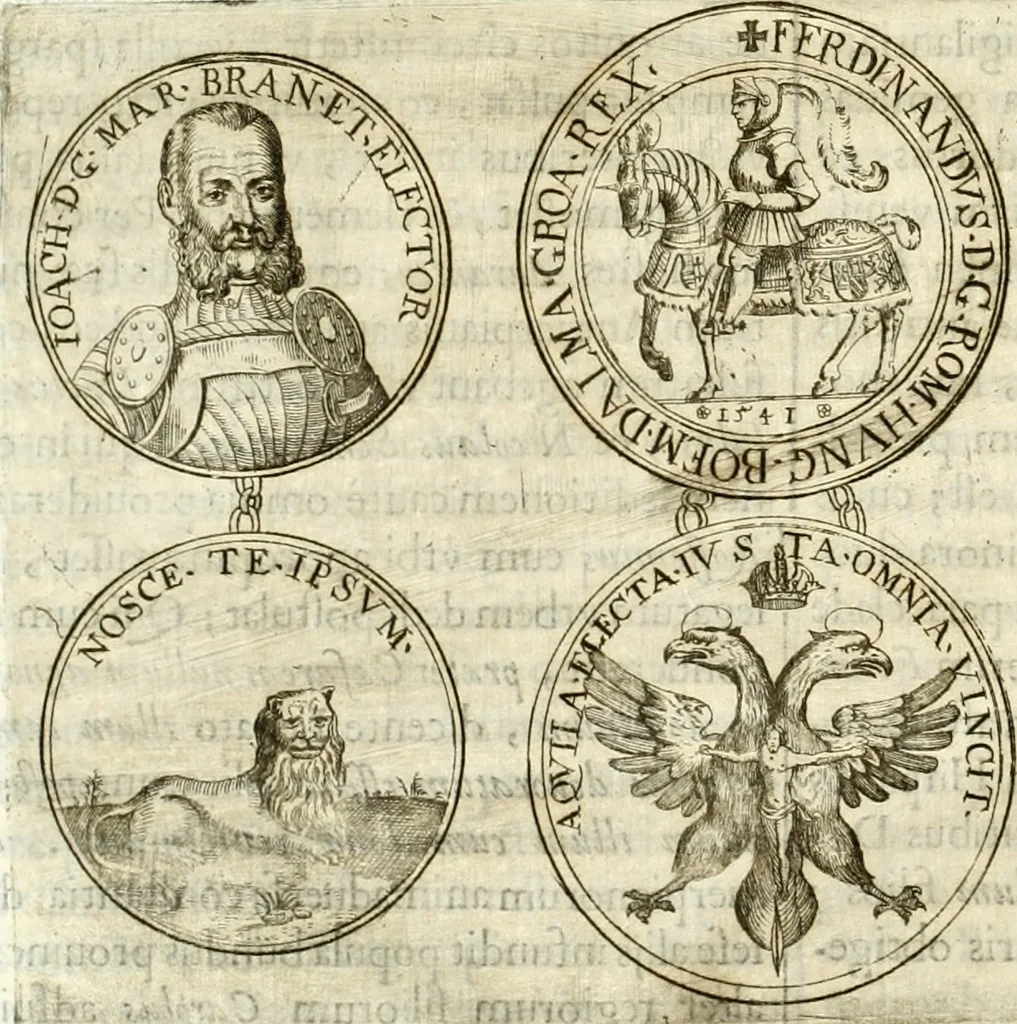An illustration from Aquila Austriaca, sub qua imperatores Austriaci ab Alberto II honorifico vsquè ad Ferdinandum III & IV Occidentis imperatorem L : elogiis, hieroglyphicis, numismatibus, insignibus, symbolis, imaginibus antiquis ad viuum exhibentur exculpti, & longa historiarum serie exarati : vt nihil relictum sit, quod prisci vel hodierni habeant annales, sed diplomata, leges, indulta, genealogiae, donationes, priuilegia offeruntur congesta : inseruntur et regum principumque imagines, nummi honorarij, castrenses, triumphales, votiui, missiles, &c. qui sanguine, foedere, bello imperatoribus iuncti, occurrunt in opere : subijcitur cuique caesarum appendix symbolica, sacrolegalis, & historicopolitica, in qua symbolis & hieroglyphicis, aere affabrè exculptis, pinguntur, & explanantur, 1679, leaf 539