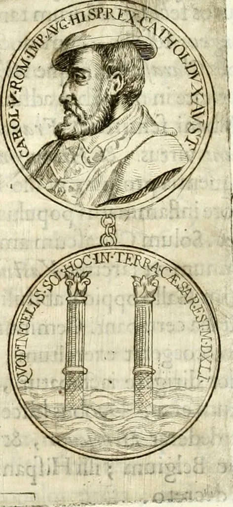 An illustration from Aquila Austriaca, sub qua imperatores Austriaci ab Alberto II honorifico vsquè ad Ferdinandum III & IV Occidentis imperatorem L : elogiis, hieroglyphicis, numismatibus, insignibus, symbolis, imaginibus antiquis ad viuum exhibentur exculpti, & longa historiarum serie exarati : vt nihil relictum sit, quod prisci vel hodierni habeant annales, sed diplomata, leges, indulta, genealogiae, donationes, priuilegia offeruntur congesta : inseruntur et regum principumque imagines, nummi honorarij, castrenses, triumphales, votiui, missiles, &c. qui sanguine, foedere, bello imperatoribus iuncti, occurrunt in opere : subijcitur cuique caesarum appendix symbolica, sacrolegalis, & historicopolitica, in qua symbolis & hieroglyphicis, aere affabrè exculptis, pinguntur, & explanantur, 1679, leaf 539