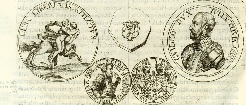 An illustration from Aquila Austriaca, sub qua imperatores Austriaci ab Alberto II honorifico vsquè ad Ferdinandum III & IV Occidentis imperatorem L : elogiis, hieroglyphicis, numismatibus, insignibus, symbolis, imaginibus antiquis ad viuum exhibentur exculpti, & longa historiarum serie exarati : vt nihil relictum sit, quod prisci vel hodierni habeant annales, sed diplomata, leges, indulta, genealogiae, donationes, priuilegia offeruntur congesta : inseruntur et regum principumque imagines, nummi honorarij, castrenses, triumphales, votiui, missiles, &c. qui sanguine, foedere, bello imperatoribus iuncti, occurrunt in opere : subijcitur cuique caesarum appendix symbolica, sacrolegalis, & historicopolitica, in qua symbolis & hieroglyphicis, aere affabrè exculptis, pinguntur, & explanantur, 1679, leaf 541