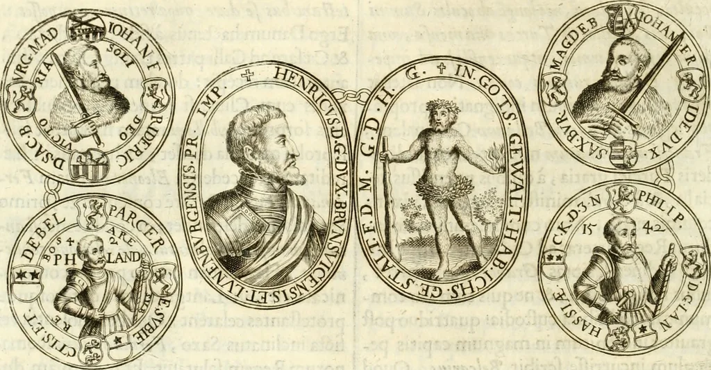 An illustration from Aquila Austriaca, sub qua imperatores Austriaci ab Alberto II honorifico vsquè ad Ferdinandum III & IV Occidentis imperatorem L : elogiis, hieroglyphicis, numismatibus, insignibus, symbolis, imaginibus antiquis ad viuum exhibentur exculpti, & longa historiarum serie exarati : vt nihil relictum sit, quod prisci vel hodierni habeant annales, sed diplomata, leges, indulta, genealogiae, donationes, priuilegia offeruntur congesta : inseruntur et regum principumque imagines, nummi honorarij, castrenses, triumphales, votiui, missiles, &c. qui sanguine, foedere, bello imperatoribus iuncti, occurrunt in opere : subijcitur cuique caesarum appendix symbolica, sacrolegalis, & historicopolitica, in qua symbolis & hieroglyphicis, aere affabrè exculptis, pinguntur, & explanantur, 1679, leaf 545