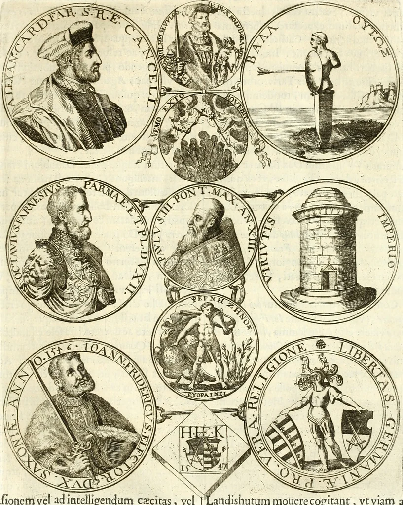 An illustration from Aquila Austriaca, sub qua imperatores Austriaci ab Alberto II honorifico vsquè ad Ferdinandum III & IV Occidentis imperatorem L : elogiis, hieroglyphicis, numismatibus, insignibus, symbolis, imaginibus antiquis ad viuum exhibentur exculpti, & longa historiarum serie exarati : vt nihil relictum sit, quod prisci vel hodierni habeant annales, sed diplomata, leges, indulta, genealogiae, donationes, priuilegia offeruntur congesta : inseruntur et regum principumque imagines, nummi honorarij, castrenses, triumphales, votiui, missiles, &c. qui sanguine, foedere, bello imperatoribus iuncti, occurrunt in opere : subijcitur cuique caesarum appendix symbolica, sacrolegalis, & historicopolitica, in qua symbolis & hieroglyphicis, aere affabrè exculptis, pinguntur, & explanantur, 1679, leaf 554