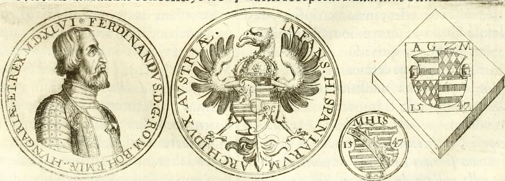 An illustration from Aquila Austriaca, sub qua imperatores Austriaci ab Alberto II honorifico vsquè ad Ferdinandum III & IV Occidentis imperatorem L : elogiis, hieroglyphicis, numismatibus, insignibus, symbolis, imaginibus antiquis ad viuum exhibentur exculpti, & longa historiarum serie exarati : vt nihil relictum sit, quod prisci vel hodierni habeant annales, sed diplomata, leges, indulta, genealogiae, donationes, priuilegia offeruntur congesta : inseruntur et regum principumque imagines, nummi honorarij, castrenses, triumphales, votiui, missiles, &c. qui sanguine, foedere, bello imperatoribus iuncti, occurrunt in opere : subijcitur cuique caesarum appendix symbolica, sacrolegalis, & historicopolitica, in qua symbolis & hieroglyphicis, aere affabrè exculptis, pinguntur, & explanantur, 1679, leaf 556