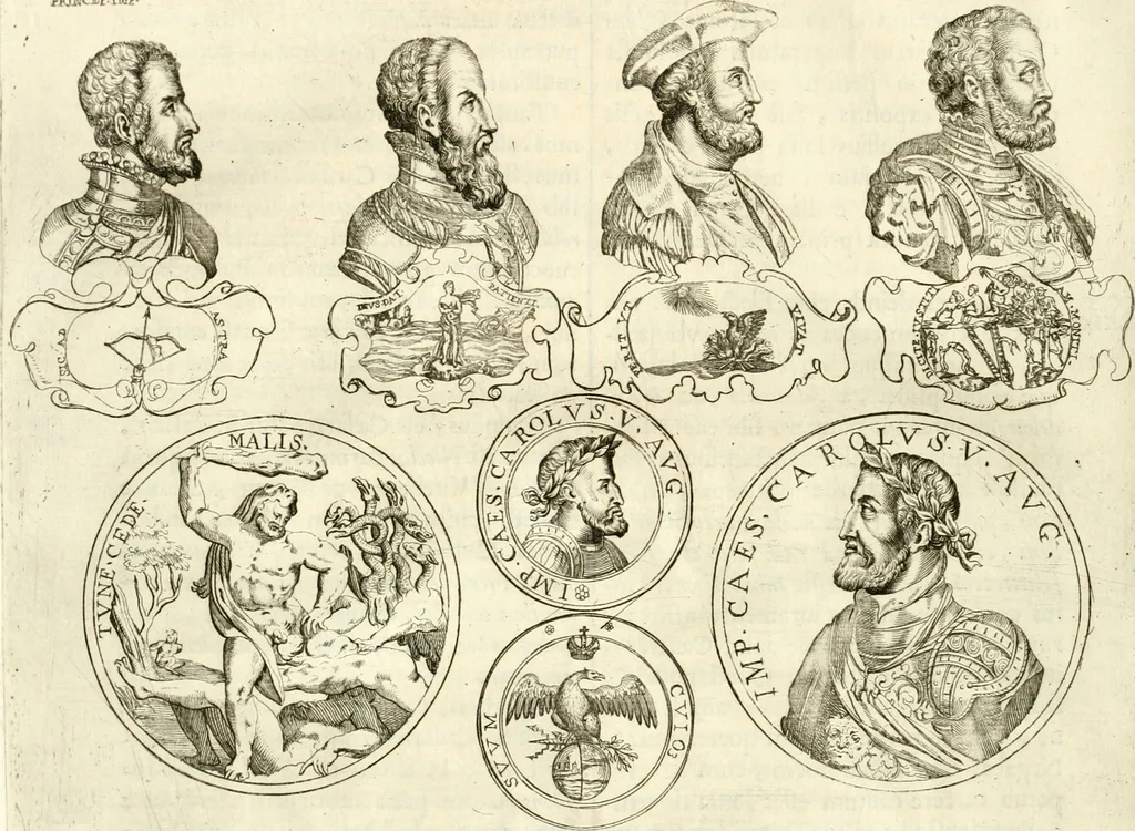 An illustration from Aquila Austriaca, sub qua imperatores Austriaci ab Alberto II honorifico vsquè ad Ferdinandum III & IV Occidentis imperatorem L : elogiis, hieroglyphicis, numismatibus, insignibus, symbolis, imaginibus antiquis ad viuum exhibentur exculpti, & longa historiarum serie exarati : vt nihil relictum sit, quod prisci vel hodierni habeant annales, sed diplomata, leges, indulta, genealogiae, donationes, priuilegia offeruntur congesta : inseruntur et regum principumque imagines, nummi honorarij, castrenses, triumphales, votiui, missiles, &c. qui sanguine, foedere, bello imperatoribus iuncti, occurrunt in opere : subijcitur cuique caesarum appendix symbolica, sacrolegalis, & historicopolitica, in qua symbolis & hieroglyphicis, aere affabrè exculptis, pinguntur, & explanantur, 1679, leaf 561