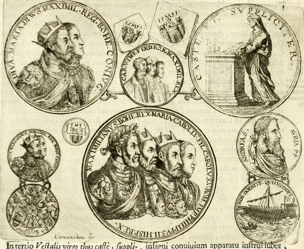 An illustration from Aquila Austriaca, sub qua imperatores Austriaci ab Alberto II honorifico vsquè ad Ferdinandum III & IV Occidentis imperatorem L : elogiis, hieroglyphicis, numismatibus, insignibus, symbolis, imaginibus antiquis ad viuum exhibentur exculpti, & longa historiarum serie exarati : vt nihil relictum sit, quod prisci vel hodierni habeant annales, sed diplomata, leges, indulta, genealogiae, donationes, priuilegia offeruntur congesta : inseruntur et regum principumque imagines, nummi honorarij, castrenses, triumphales, votiui, missiles, &c. qui sanguine, foedere, bello imperatoribus iuncti, occurrunt in opere : subijcitur cuique caesarum appendix symbolica, sacrolegalis, & historicopolitica, in qua symbolis & hieroglyphicis, aere affabrè exculptis, pinguntur, & explanantur, 1679, leaf 569