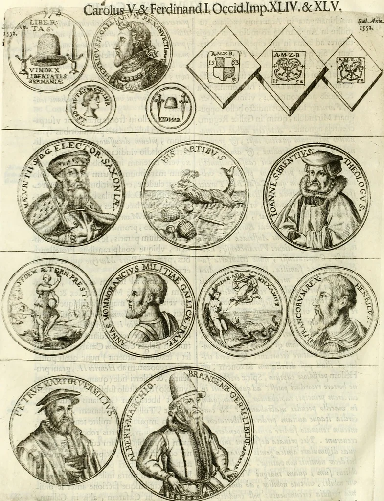 An illustration from Aquila Austriaca, sub qua imperatores Austriaci ab Alberto II honorifico vsquè ad Ferdinandum III & IV Occidentis imperatorem L : elogiis, hieroglyphicis, numismatibus, insignibus, symbolis, imaginibus antiquis ad viuum exhibentur exculpti, & longa historiarum serie exarati : vt nihil relictum sit, quod prisci vel hodierni habeant annales, sed diplomata, leges, indulta, genealogiae, donationes, priuilegia offeruntur congesta : inseruntur et regum principumque imagines, nummi honorarij, castrenses, triumphales, votiui, missiles, &c. qui sanguine, foedere, bello imperatoribus iuncti, occurrunt in opere : subijcitur cuique caesarum appendix symbolica, sacrolegalis, & historicopolitica, in qua symbolis & hieroglyphicis, aere affabrè exculptis, pinguntur, & explanantur, 1679, leaf 577