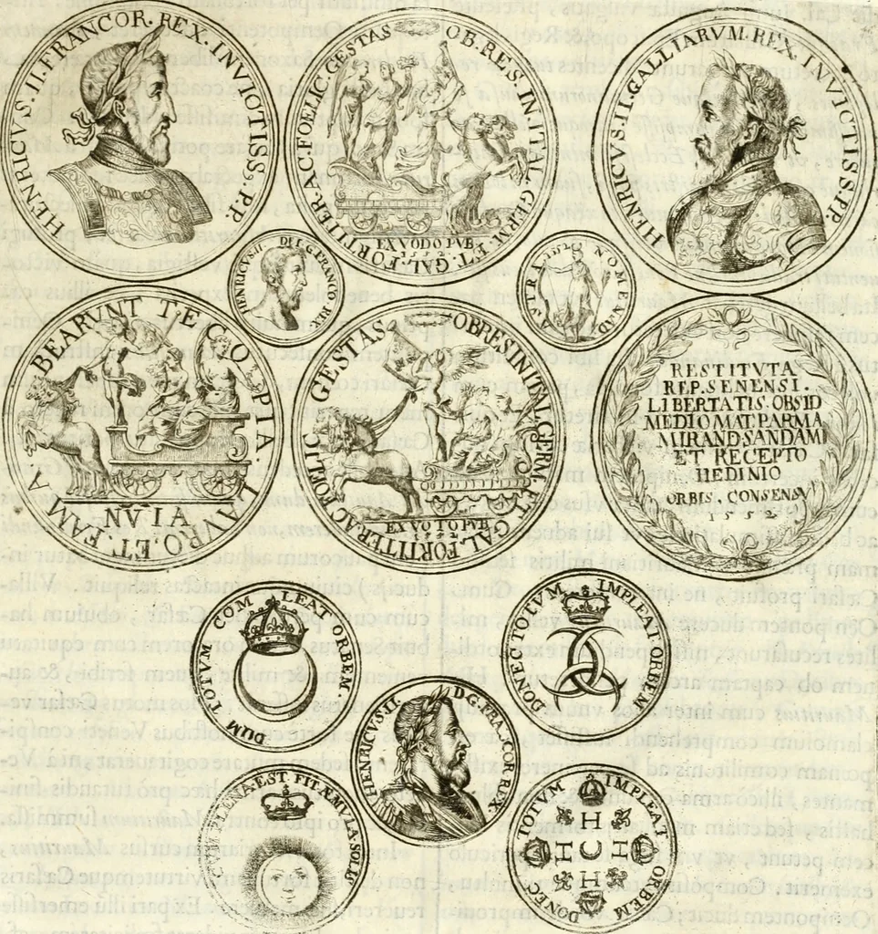 An illustration from Aquila Austriaca, sub qua imperatores Austriaci ab Alberto II honorifico vsquè ad Ferdinandum III & IV Occidentis imperatorem L : elogiis, hieroglyphicis, numismatibus, insignibus, symbolis, imaginibus antiquis ad viuum exhibentur exculpti, & longa historiarum serie exarati : vt nihil relictum sit, quod prisci vel hodierni habeant annales, sed diplomata, leges, indulta, genealogiae, donationes, priuilegia offeruntur congesta : inseruntur et regum principumque imagines, nummi honorarij, castrenses, triumphales, votiui, missiles, &c. qui sanguine, foedere, bello imperatoribus iuncti, occurrunt in opere : subijcitur cuique caesarum appendix symbolica, sacrolegalis, & historicopolitica, in qua symbolis & hieroglyphicis, aere affabrè exculptis, pinguntur, & explanantur, 1679, leaf 578